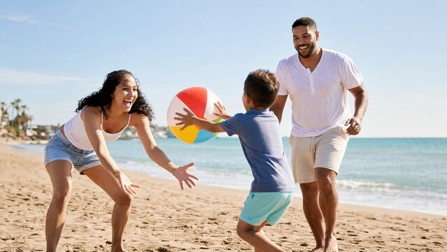 Smiling family tossing colorful beach ball on sunny sandy shore beside calm blue sea