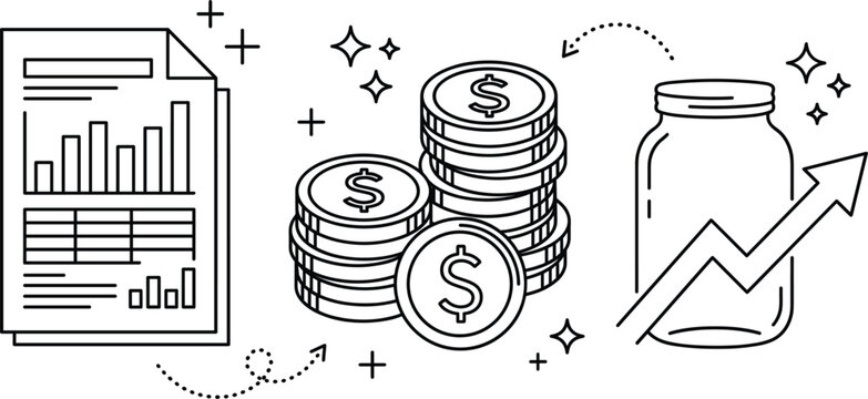 Financial budget savings growth concept vector illustration featuring data report document stack of dollar coins and money jar