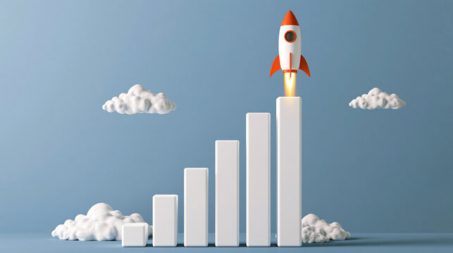 A rocket ship blasts off from a bar graph, symbolizing business growth and success.