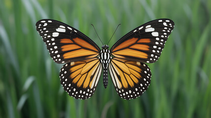 Fototapeta premium Close-up of a monarch butterfly with orange and black patterned wings in green grass, animal portrai