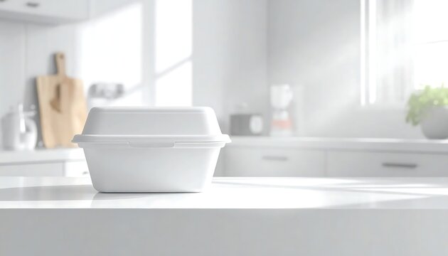 Mockup of a white takeout container on a kitchen countertop with natural light