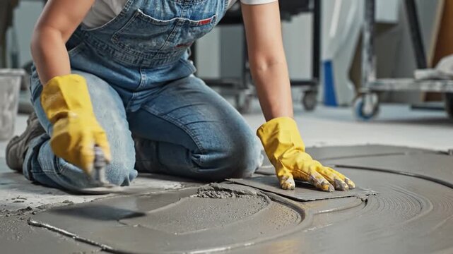Young adult woman with fair skin in denim overalls is kneeling on a floor spreading wet concrete with a metal hand trowel tool.