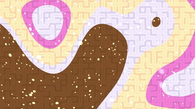 Abstract art with flowing organic shapes in brown, pink, and purple, featuring a subtle patterned background and speckled textures.