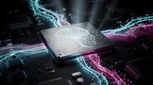 Artificial intelligence brain icon etched on a high performance computer processor chip.