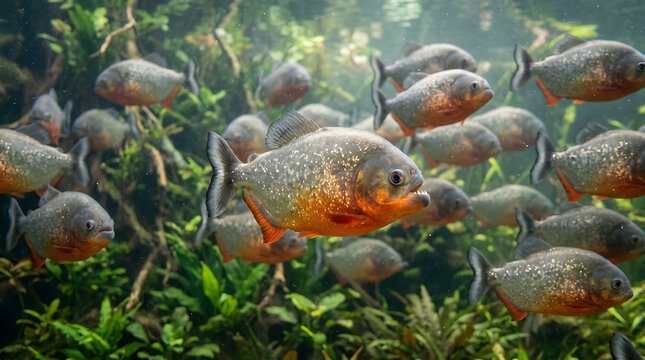 A school of silver discus fish swimming amongst lush green aquatic plants