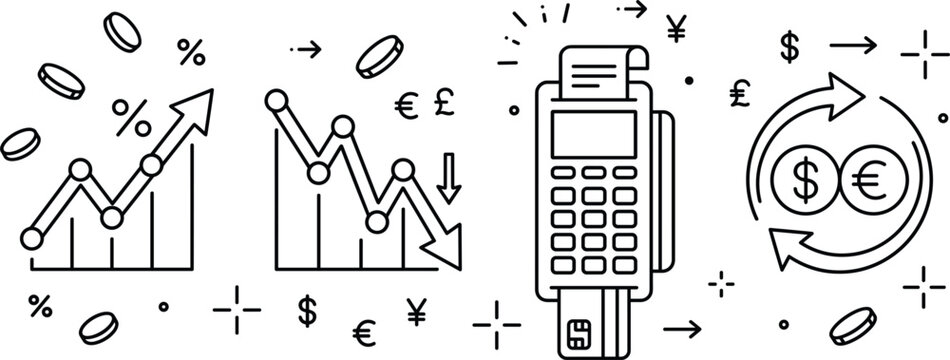 Financial market currency conversion and payment terminal line art icon set featuring charts exchange rates pos machine vector