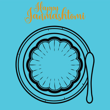 Janmashtami butter plate and spoon top view illustration in black line art style for traditional dairy offering during holy festival.