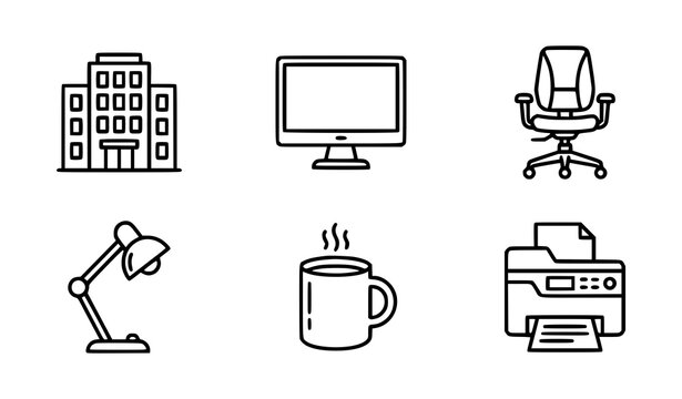Office Environment Line Icon Vector Pack with Building Desk Monitor Chair and Printer Symbols