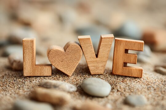 The word LOVE spelled out in wooden letters, with the O replaced by a heart symbol, resting on a sandy beach with smooth pebbles