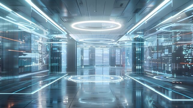 Futuristic Data Center Corridor with Digital Advertising Analytics and Cloud Server Rack