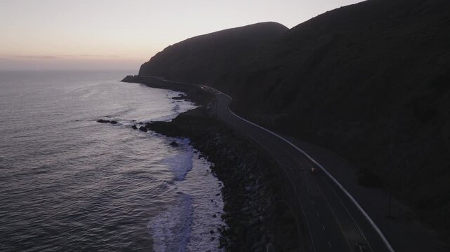 Dusk Car Tracking Winding Oceanside Pacific Coast Highway PCH Aerial 