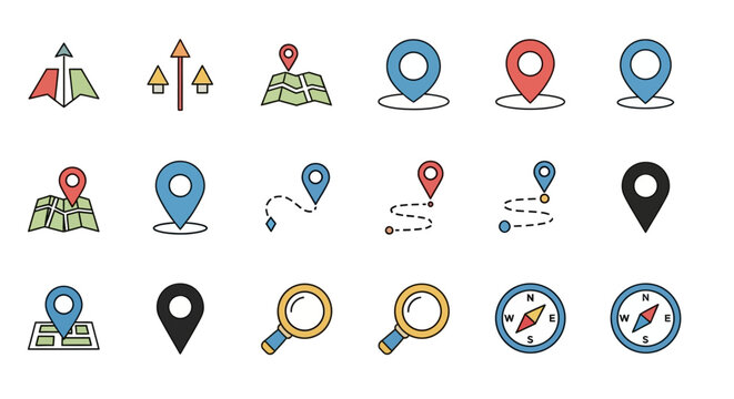 Navigation Icons: Map Pins, Compass, Magnifier
