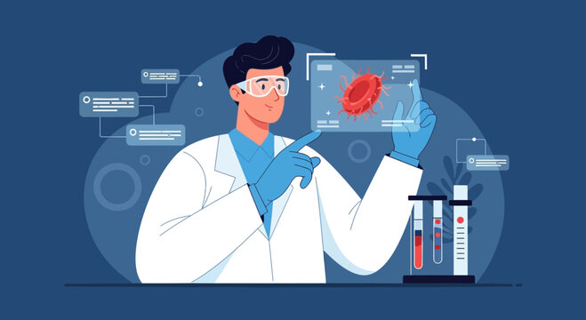 Scientist in lab coat inspects red blood cell on futuristic holographic display
