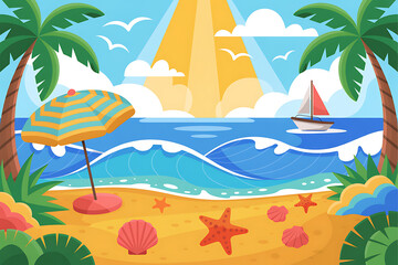 Fototapeta premium Tropical Beach Illustration with Palm Trees Ocean Waves and Summer Sunshine