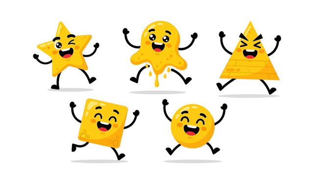 Funny yellow shapes, smiling geometric characters, star, circle, square, triangle icons, vector emoticons