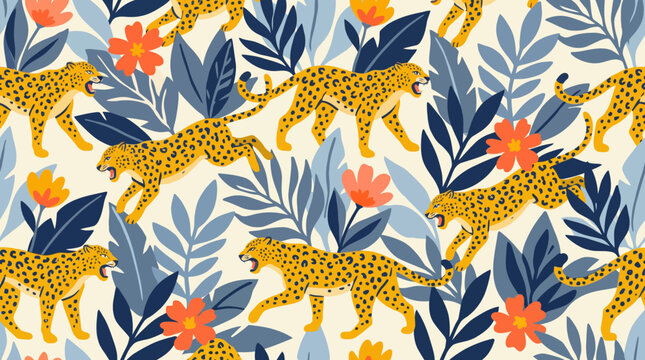 Tropical leopard print pattern with blue foliage and orange flowers for seamless fabric design