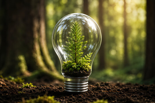 A small pine tree growing inside a light bulb in forest