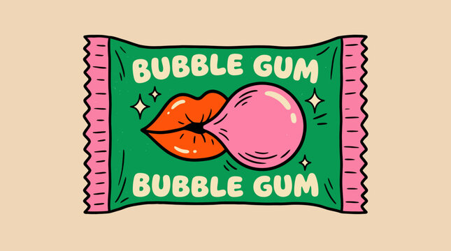 Cartoon bubble gum wrapper illustration featuring a pink bubble gum piece on a bright green package with bold 'Bubble Gum' text, playful and colorful.