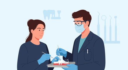 Fototapeta premium Dentist and patient examining dental model, medical illustration