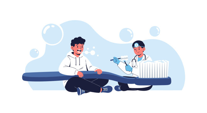 Dentist Brushing Giant Toothbrush with Patient