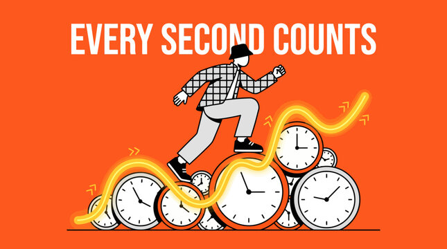 Energetic businessperson sprinting over stacked clocks on an orange background with the caption Every Second Counts, a dynamic time-management illustration.