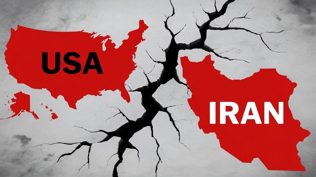 Cracked World Map Visual: USA and Iran Divided by Deep Chasm, International Relations Conflict