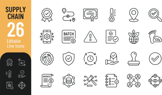 Supply Chain and Logistics Outline Icon Set for Professional Business Operations, Inventory Management, Quality Assurance, and Digital Tracking Systems, Vector Illustration Graphic Design