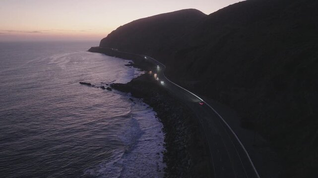 Dusk Car Tracking Winding Oceanside Pacific Coast Highway PCH Aerial 