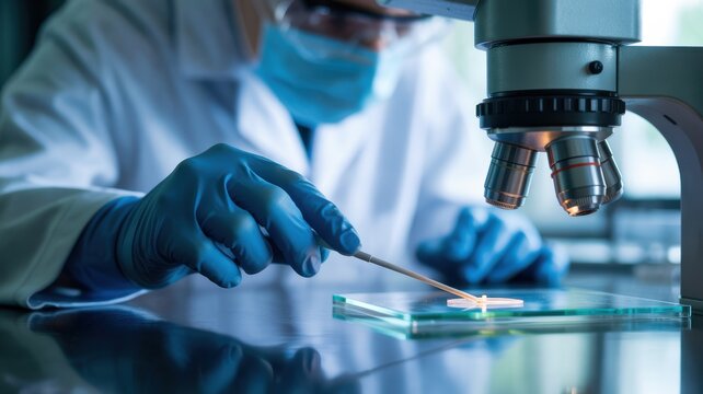 Scientist in protective gear using a microscope in a laboratory
