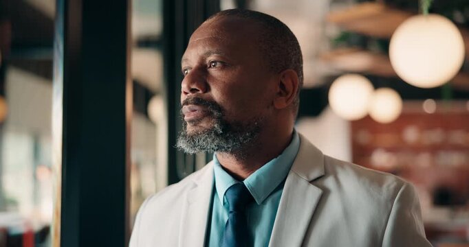 Thinking, serious and black man by window for business strategy, financial decision and investment. Unsure, corporate and mature person with idea for finance proposal, problem solving and solution