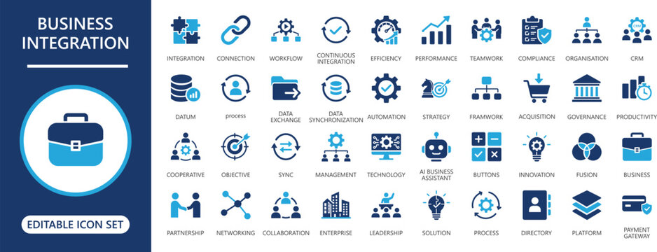 business integration icon set. contains partnership, efficiency, innovation, leadership, collaboration, networking, governance, workflow, alliance, and teamwork solid symbols.