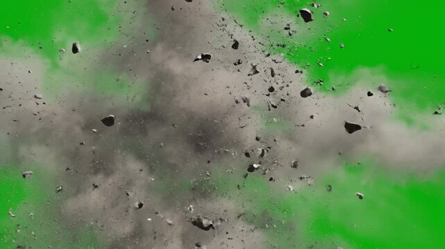 Smoke explosion with debris dispersing across a green screen background, showcasing the dynamic movement and transformation of particles in a visually striking manner