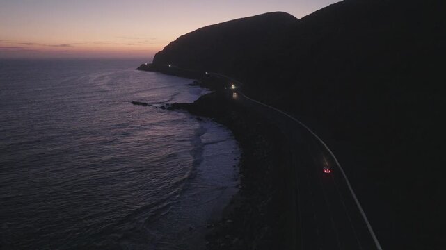 Dusk Car Tracking Winding Oceanside Pacific Coast Highway PCH Aerial 