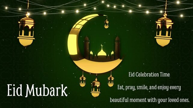 Eid mubarak greeting card with mosque and lanterns on green background with arabic calligraphy and lights
