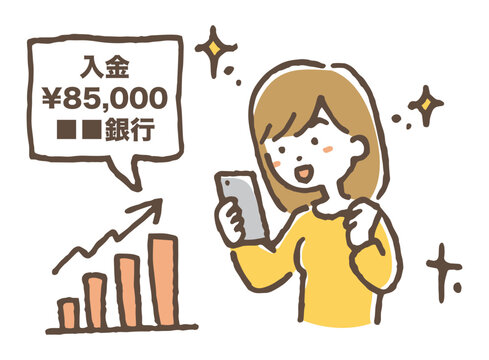 副業収入に喜ぶ女性のイラスト。 / An illustration of a woman delighted by her side income.