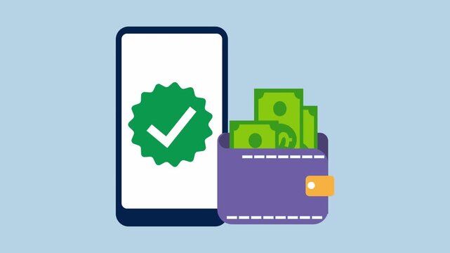 Smartphone checkmark beside a wallet, Secure payment and banking services 2d animation with alpha matte