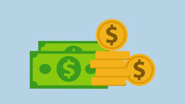 Stacked green bills and golden dollar coins for finance 2d animation with alpha matte