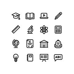 Fototapeta premium Minimalist education icon set, 16 school and learning line icons, black outline academic symbols for university and online study apps