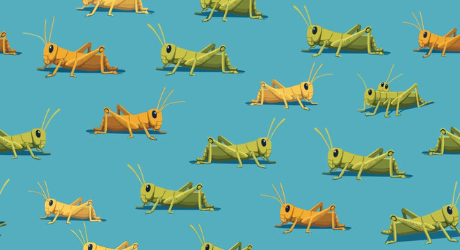 Seamless Pattern of Cartoon Grasshoppers in Yellow and Green on Blue Background