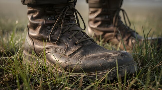Close up of worn leather military boots standing on grass.