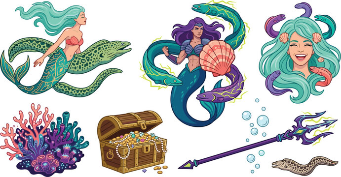 PrintMythical Mermaid Vector Illustration Set Featuring Underwater Sirens Electric Eels Moray Eel Treasure Chest Coral Reef and Trident Spear