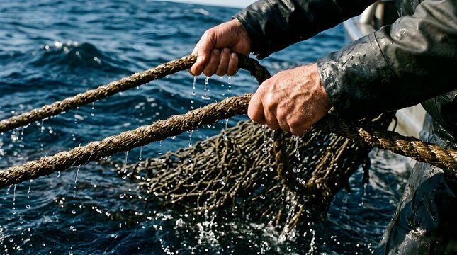 Fisherman grips a thick, coarse rope while hauling a wet mesh net from the choppy sea under bright natural sunlight.