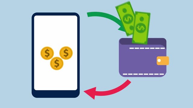 Money transfers between phone and wallet, Transfer funds through digital platforms 2d animation with alpha matte