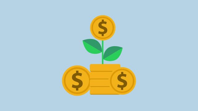 Money tree growing from a stack of coins for finance 2d animation with alpha matte