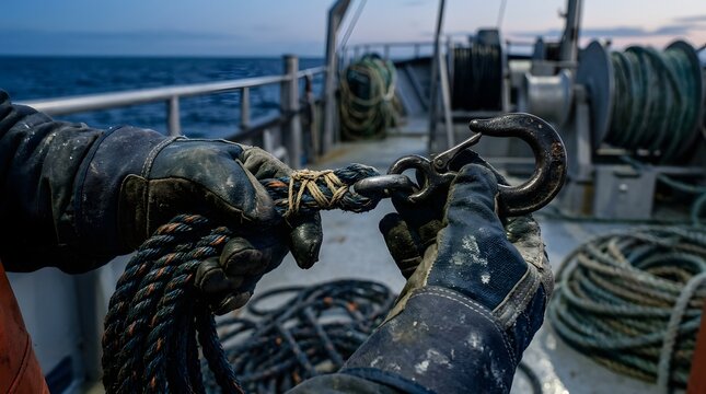Fisherman in stained protective gloves connects a heavy metal hook to a thick braided rope on a commercial fishing vessel deck.