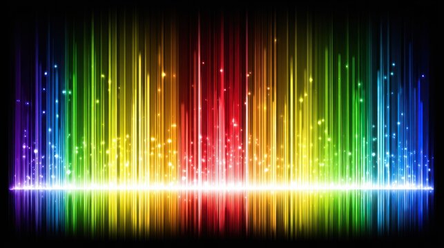 Vibrant spectrum equalizer display radiates brilliant light beams against a dark background