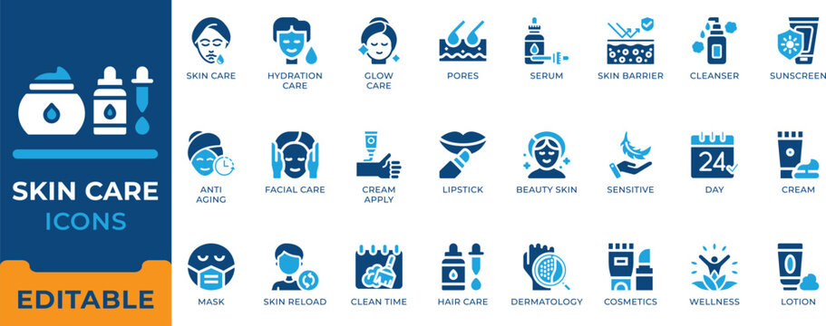 Skin care and cosmetics icon set. Dermatology, beauty, anti aging cream, serum, hydration, facial mask, sunscreen and wellness vector symbols.