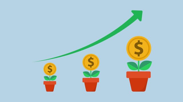 Planting pots and growing money, Money trees animation, Financial investment 2d animation with alpha matte
