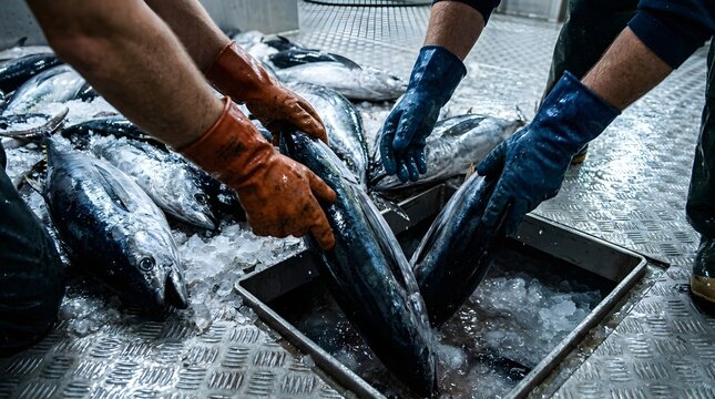 Fishermen wearing protective gloves sort freshly caught tuna into a metal storage bin filled with ice.