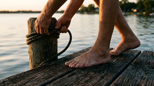 Barefoot person secures a thick mooring rope around a weathered wooden piling on a rustic dock as the calm lake water reflects the soft glow of the setting sun.
